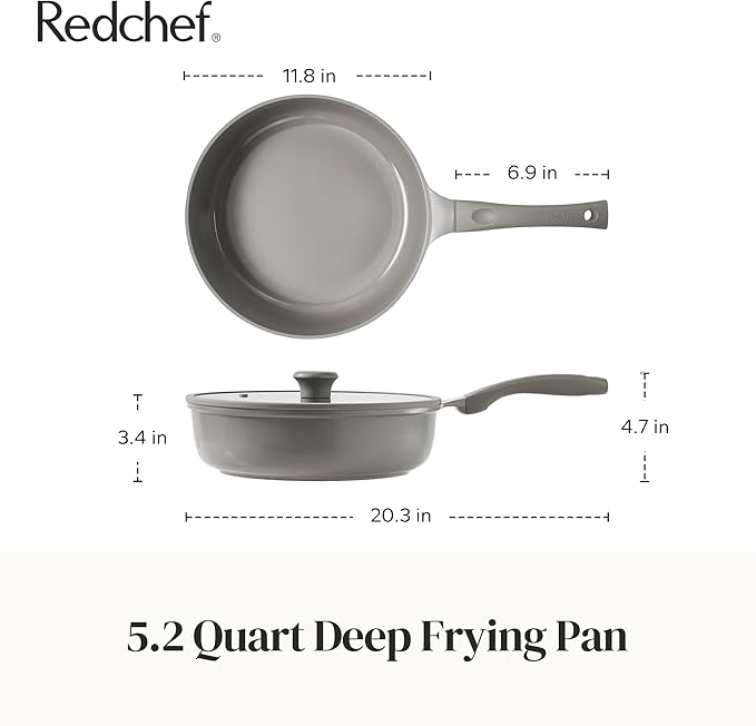 Redchef Ceramic Coated Nonstick Frying Pan with Cover, Large Deep Saute Pan Skillet, Induction Ready, Dishwasher Safe, PFOA PFOS Free, Non Toxic, Glass Lid Large Deep Frying Pan, Grey (5.5Qt, 12")