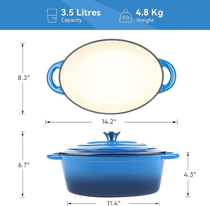 Oval Dutch Oven for Bread Baking, 4.5 Quart Non Stick Enameled Cast Iron Dutch Oven Pot with Lid, Oven Safe Oval Casserole with Lid up to 500°F for Baking, Braising, Stews, Roasting (Blue)