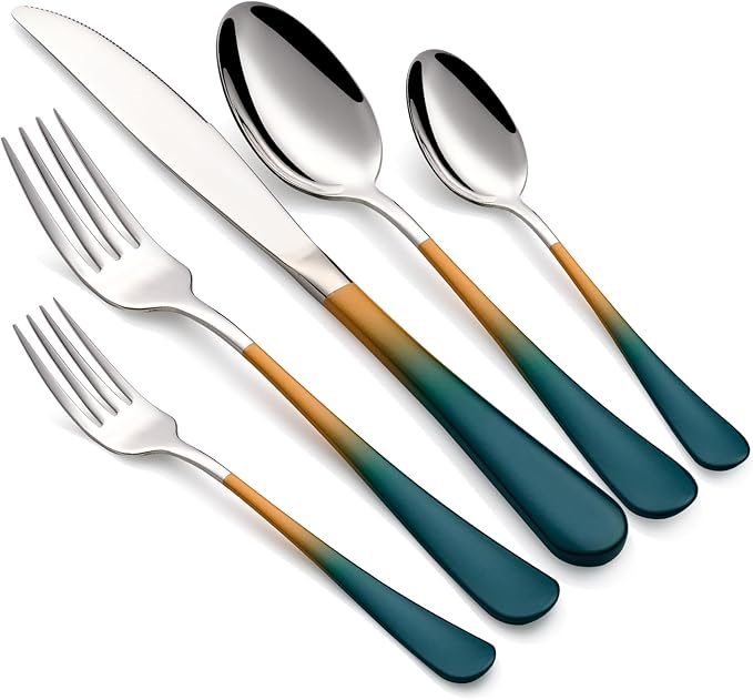 Colorful Silverware Set 20 Piece 18/0 Stainless Steel Flatware green orange Handle Cutlery Set Service for 4 Fork Knife Spoon Set Mirror Finish Dishwasher Safe