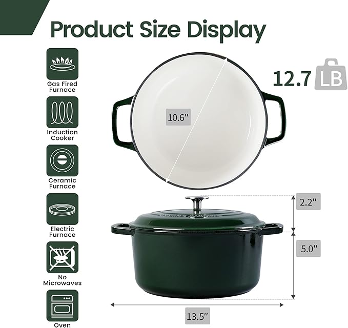 Enameled Cast Iron Dutch Oven Pot With Lid, Dutch Oven for Sourdough Bread Baking Round Pot Dule Handle, 6 Quart, Green