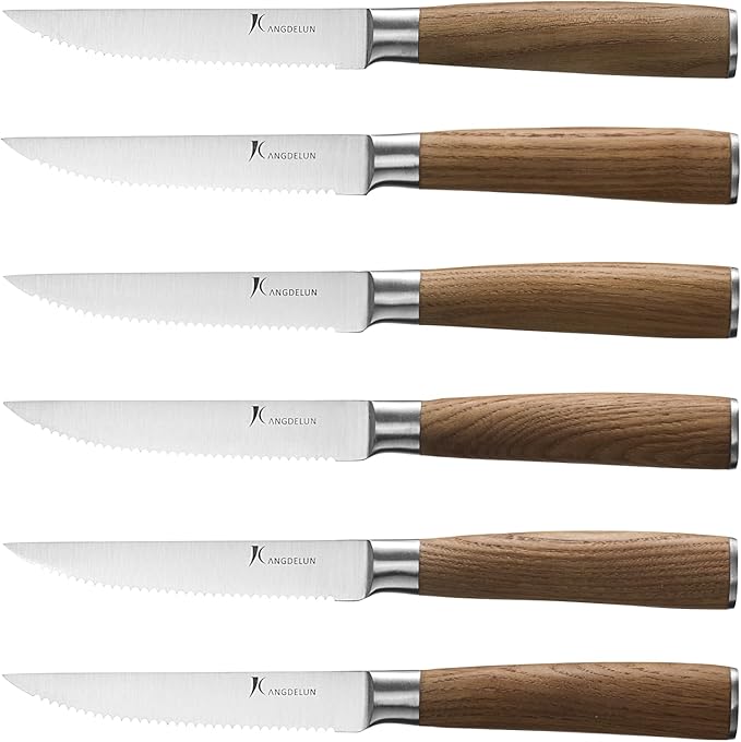 Natura Series 4.5” Serrated Steak Knife Set of 6, High Carbon Stainless Steel, Wooden Handle