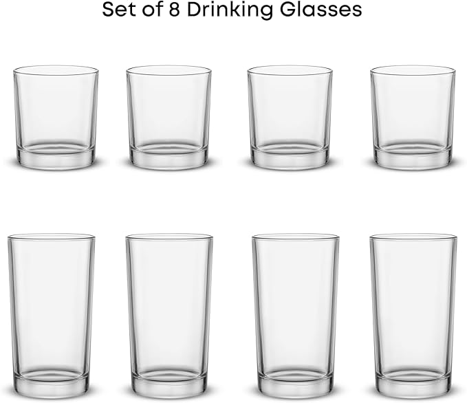 JoyJolt Alain Drinking Glasses Set of 8 Glass Tumblers. Highball 14oz Bar Glasses and Lowball 10oz Rocks Glasses Set. Cocktail, Juice, Whiskey Glasses or Water Glasses. Kitchen or Bar Glassware Set