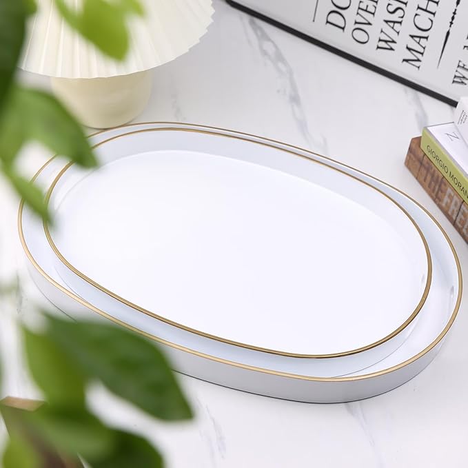 White Oval Decorative Tray with Handles, Set of 2 Versatile Nesting Trays for Patio Table, Ottoman, Ideal for Serving, Displaying, Organizing