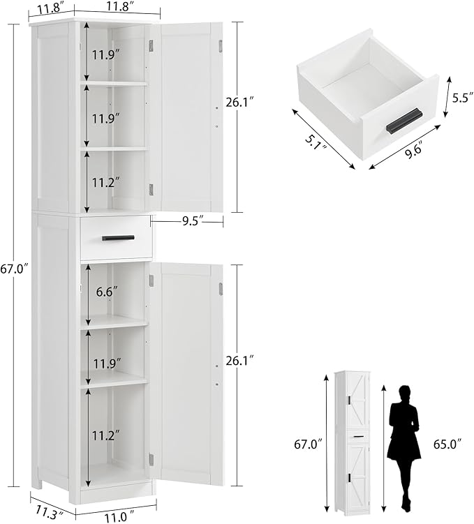 WEENFON 67 Tall Bathroom Cabinet with 6 Shelves & 1 Drawer, Narrow Storage Cabinet with Adjustable Shelves, Silm Cabinets for Bathroom, Living Room, Kitchen, White