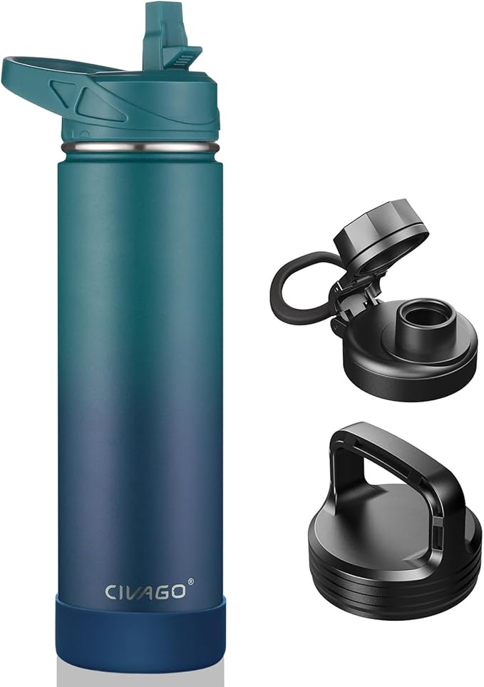 CIVAGO 24 oz Insulated Water Bottle With Straw, Stainless Steel Sports Water Flask Cup with 3 Lids (Straw, Spout and Handle Lid), Double Walled Travel Thermal Canteen Mug, Dark Night