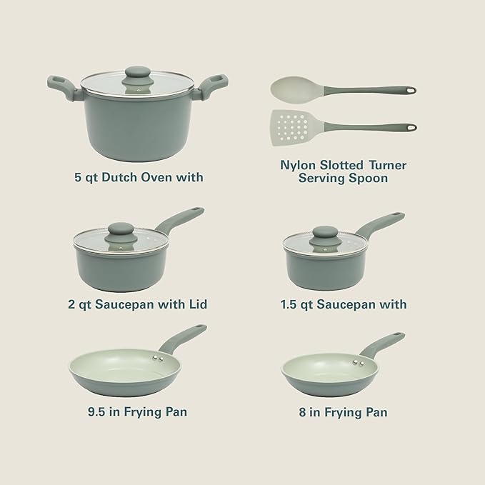 Gibson Home Barnsdall 10 Piece Premium PFA Free Ceramic Nonstick Pots and Pans Aluminum Induction Cookware Set W/Kitchen Tools - Sage Green/Grey Non Stick