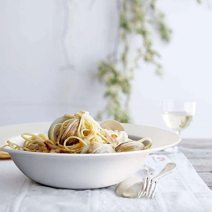 Pasta & Salad Bowls - 40oz White Ceramic Soup Plates - Set of 4, Large Pasta Plates, Wide Rimmed, Microwave & Dishwasher Safe
