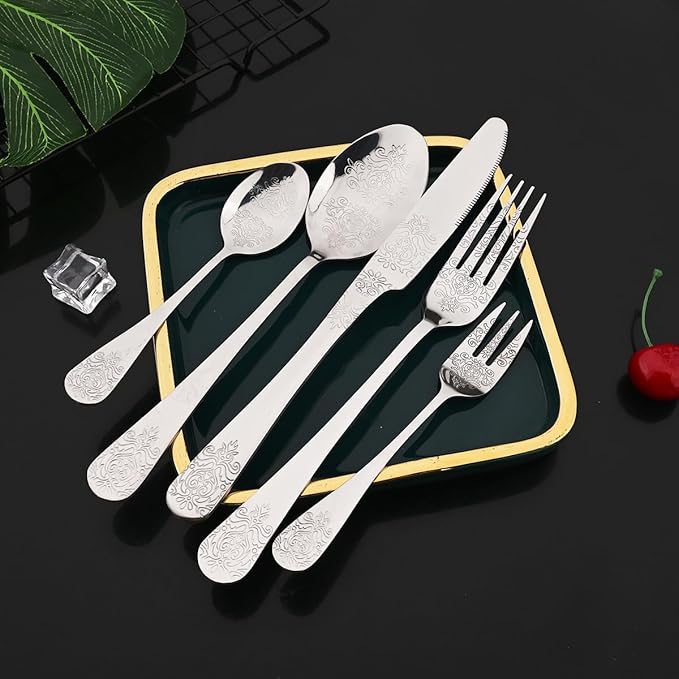JASHII 20-piece Silverware Flatware Set Vintage Carved Floral Pattern Eating Utensils Stainless Steel Knife Fork Spoon Set Mirror Polished Dishwasher Safe - Silver