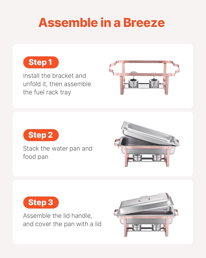 VEVOR Chafing Dish Buffet Set, 8 Qt 2 Pack, Stainless Steel Chafer with 2 Full Size Pans, Rectangle Catering Warmer Server with Lid Water Pan Stand Fuel Holder, for Wedding Party Banquet, Rose Gold