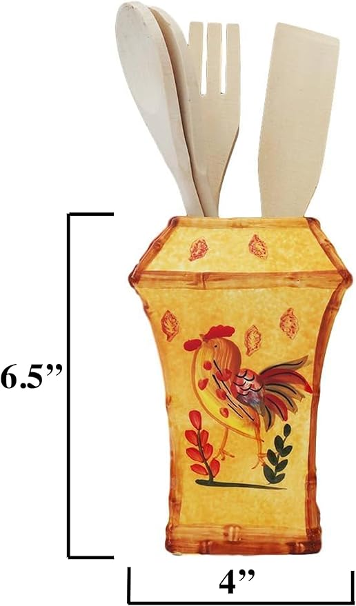 ACK Bamboo Rooster Hand Painted Ceramic Utensil Jar With Wooden Tool, Utensil Holder, Utensil Crock, Modern Kitchen Decor, Kitchen Storage for for Spoon, Ladle, Spatula and More