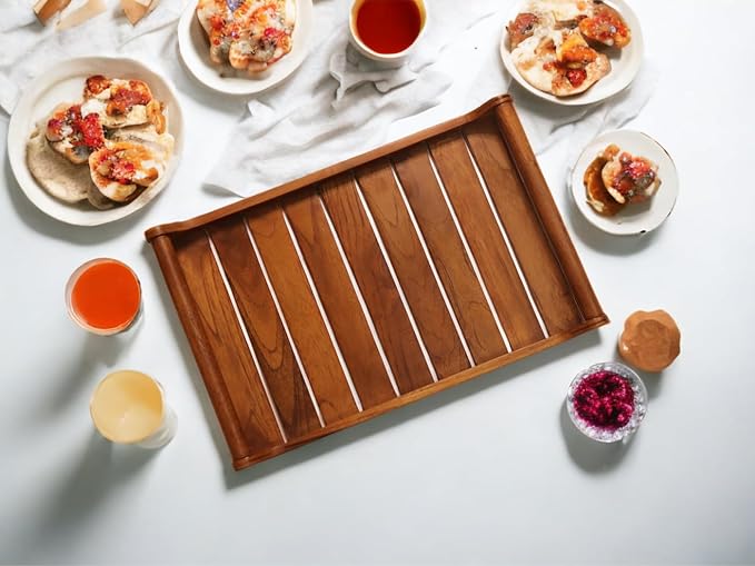 Set of 2 Romper Teak Wood Rectangular Serving Tray for Home/Kitchen/Restaurant/Office Organizer/Dining Table|Premium Wooden Trays| 18 X 12 ; 15 x 10 inches | Handcrafted in India