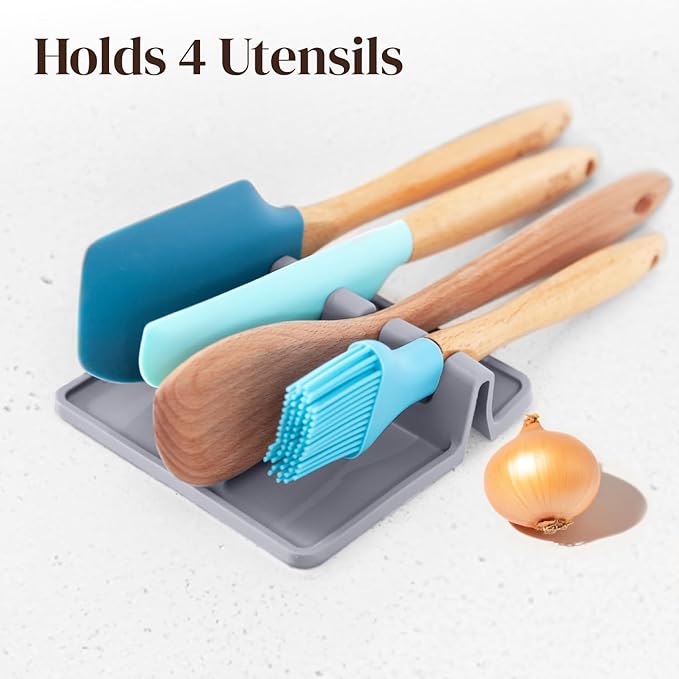 Silicone Spoon Rest for Stove Top with Drip Pad (2 Pack) - Heat Resistant BPA Free Utensil Rest & Kitchen Spoon Holder for Kitchen Counter - Grill And Countertop - Spatula Holder, Tongs, Ladle - Grey