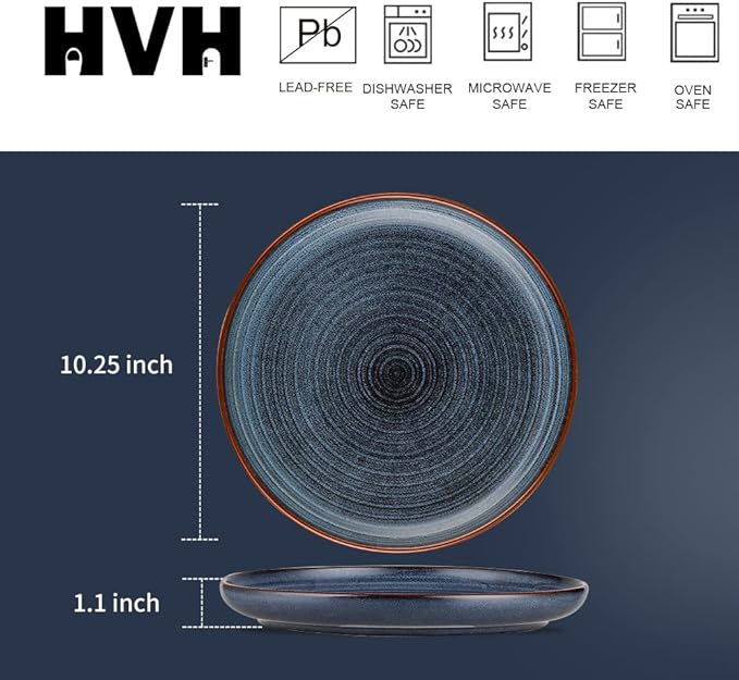 HVH Porcelain Dinner Plates Set of 6, 10.25 inch Ceramic Plates Set, Large Dinner Plates Set for Dinner, Salad, Ceramic Dinner Plates, Healthy Dinner Plates Set of 6, Farmhouse Style (Black)