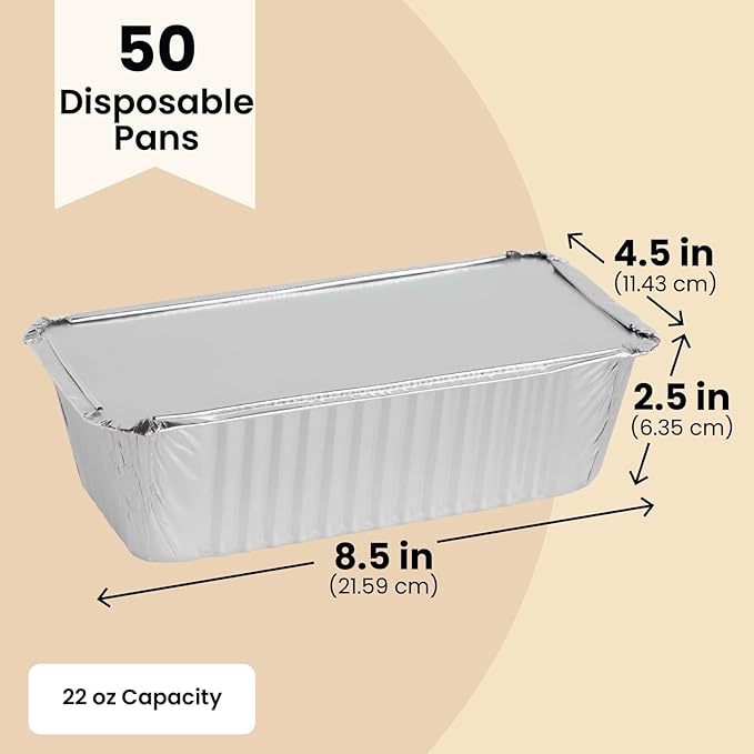 Juvale 50 Pack Aluminum Foil 2 lb Disposable Loaf Pans With Lids for Baking Bread, Heating, Storing Food (32oz, 8.5 x 4.5 In)