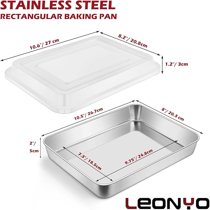 Leonyo Lasagna Pan with Lid, 10.5 x 8 x 2 Inch Rectangular Cake Pan with Lid, Stainless Steel Baking Sheet Brownies Casseroles Deep Tray for Toaster Oven, Focaccia, Fish, Chicken