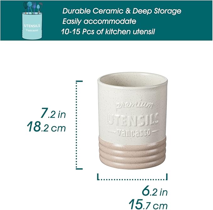 vancasso Sabine Utensil Holder, 7.2" Large Utensil Crock for Kitchen Counter, Ceramic Utensil Crock Storage, Matte Cream-Colored Farmhouse Utensil Organizer, Utensil Storage for Home Décor, Gifts