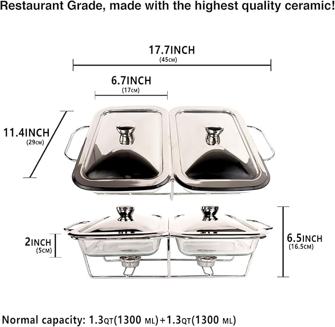 Casserole Dish Rectangle 2-in-1 Glass Baking Dish, with Stainless steel Lid and Silver rack, 1.3 Qt x 2 pcs Baking Pan For Casserole & Lasagna, Dishwasher Oven Freezer Microwave Safe
