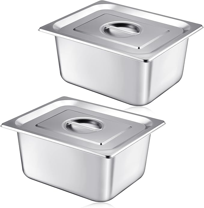 Mifoci 2 Pack Stainless Steam Hotel Pan with Lid, 1/2 Size x 6 Inch Deep Steam Table Pan Restaurant Supplies Reusable Anti Rust Catering Storage for Home, Party, Restaurant, Hotel, Buffet