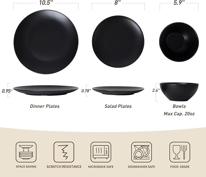 Famiware Venus Plates and Bowls Sets, 12 Pieces Stoneware Dinnerware Sets, Dishes Set for 4, Microwave and Dishwasher Safe, Matte Black