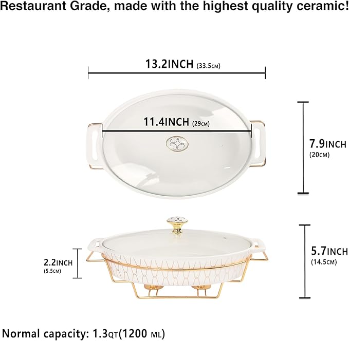 11" x 7.5" Ceramic Oval Casserole Dish with Glass Lid and Gold rack, 40 Ounce Serving Soup Tureen,Chafing Dish for Buffet, Family Food preserve Tray, Catering Casserole for Party Style, White