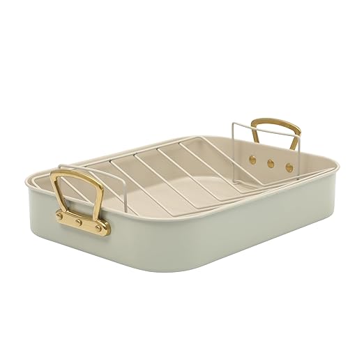Gibson Home Broxton 2-Piece Nonstick Roaster Pan with Rack – 16 x 12 Inch Mint Green Turkey Roasting Pan with Cast Aluminum Gold Handles – Oven-Safe, Easy-Clean, Holiday Cookware