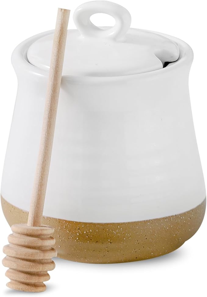 glowworm 12 Ounce Honey Jar with Dipper, Ceramic Honey Container for Home, Kitchen, Farmhouse Housewarming Gift, Dishwasher Safe, White