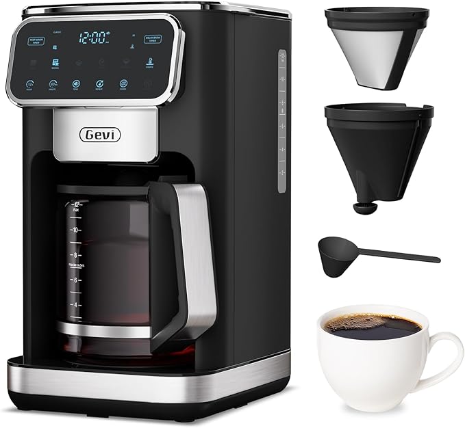 Gevi 12-Cup Programmable Coffee Maker with Touch Screen & Reusable Filter,Smart Drip Coffee Machine with Anti-Drip System, Perfect for Home,Iced Coffee
