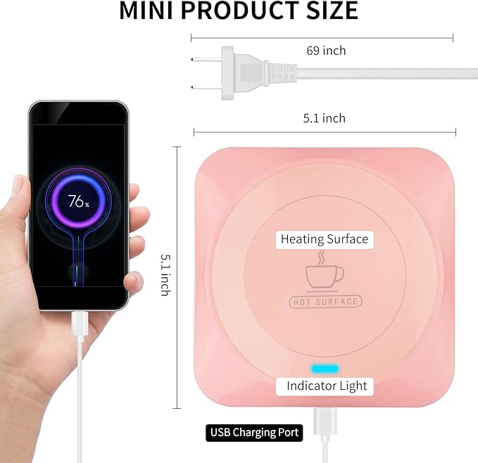 USB Coffee Mug Warmer: Candle Wax Warmer Smart Electric Cup Warmer Charge for Phone Home Desk Office Use Beverage Heating Plate with Gravity Switch for Hot Cocoa Milk Tea Water Pink