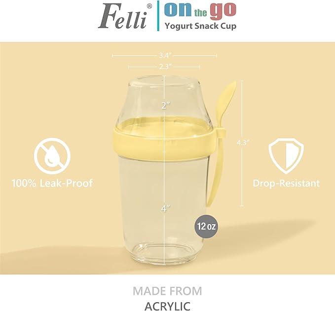 Felli On The Go Yogurt Parfait Snack Cup with Lid, Reusable Leak Proof Acrylic Travel Container for To Go Cereal Granola Milk, 12 oz Clear Mason Jar with Spoon & Crunch Fruit Holder (2, Yellow)