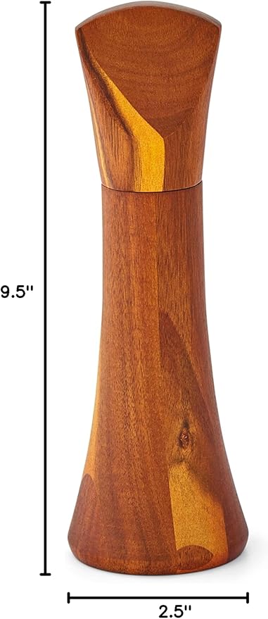 nambe Gourmet Collection Contour Pepper Mill | 9.5-Inch | Made with Acacia Wood and Ceramic Mechanism | Refillable Salt Mill Shakers | Designed by Lou Henry