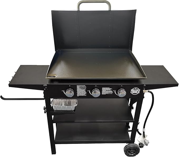 Griller's Choice Gas Griddle with Hinged Hood & Wind Guards, 4 Shelves, Propane Griddle for Flat Grills Outdoor Cooking, Front Grease Management, Steel Flattop Grills Surface, Precision Heat Control