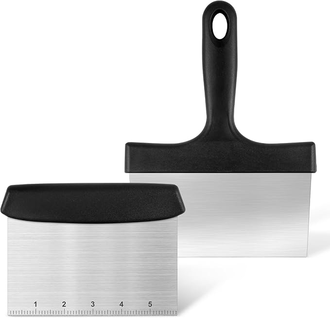 Grill Scraper&Bench Scraper Set，Food Scraper with Handle for Blackstone, Flat Top Grill Cleaning，Premium Stainless Steel Dough Cutter with Measuring Scale for Pastry,Cake,Pizza,Bread,Cooking