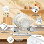 Dish Drying Rack with Drip Tray, 3 Tier Collapsible Stainless Steel Dish Drainer, Plate Rack Holder for Kitchen Counter, Folding Dish Rack for Kitchen Sink, Countertop,Cutlery, Plates, Dishes