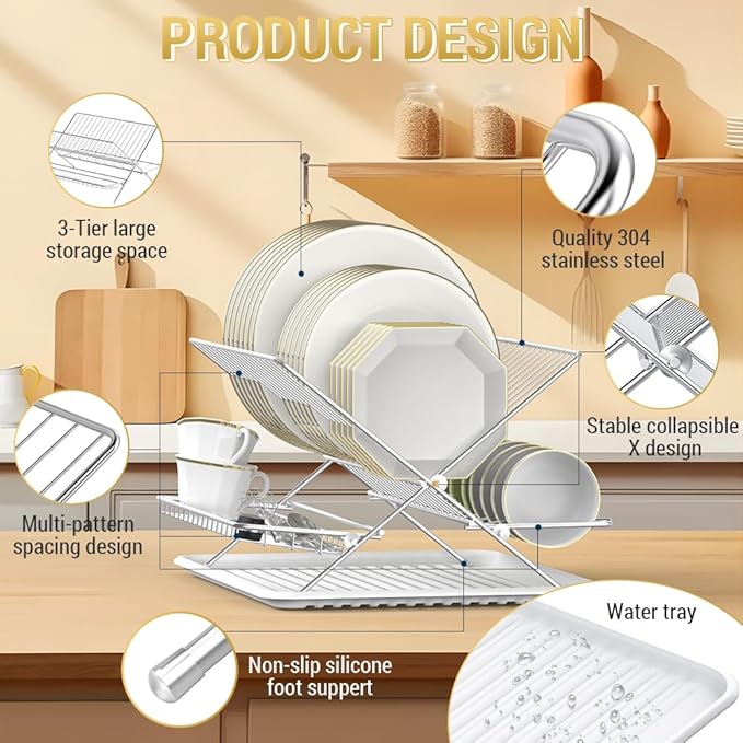 Dish Drying Rack with Drip Tray, 3 Tier Collapsible Stainless Steel Dish Drainer, Plate Rack Holder for Kitchen Counter, Folding Dish Rack for Kitchen Sink, Countertop,Cutlery, Plates, Dishes