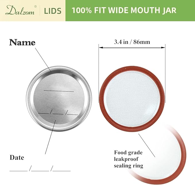 Dalzom® 144Pcs Canning Lids with Rings Wide Mouth, Premium Mason Jar Lids with Rings for Ball, Kerr Jars - Food Grade Material, 100% Fit & Airtight for Wide Mouth Mason Jars