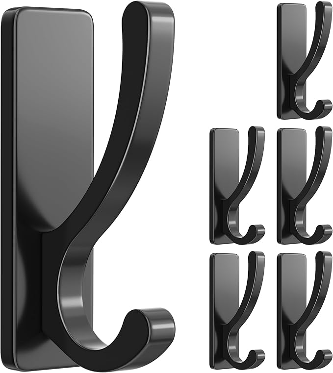 Adhesive Wall Hooks for Towels Coats - Stick On Hooks Hanging Heavy Duty (13lb), Metal Hook for Door, Bathroom, Dorm, Closet - Hanger for Purse, Bag, Robe,Backpack - No Damage to Wall - Black 6 Pack