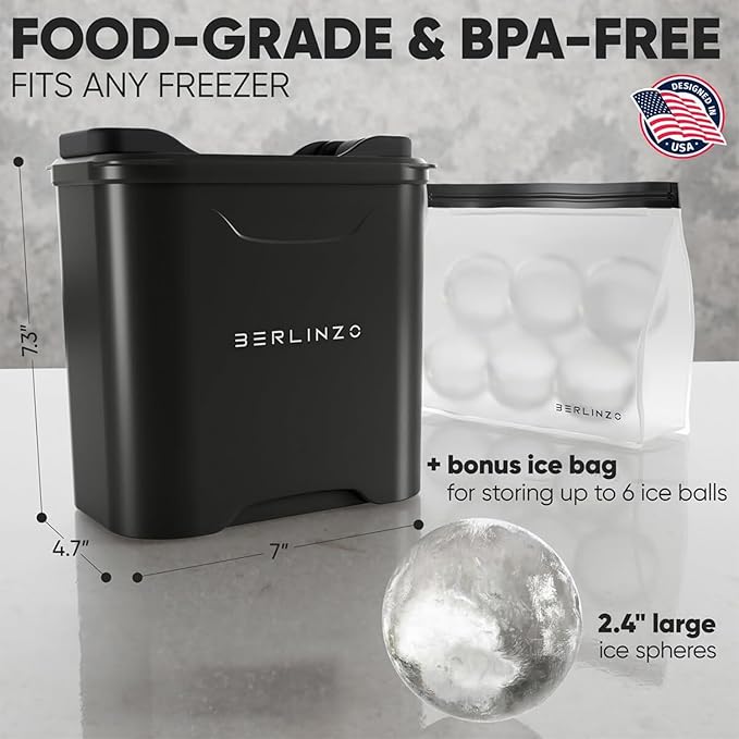 Berlinzo Premium Clear Ice Ball Maker Mold - 2 Large 2.4" Crystal Clear Ice Balls for Whiskey, Cocktails & Bourbon, Easy-to-Remove Ice Sphere Mold - Storage Bag Included (Non-Electric)