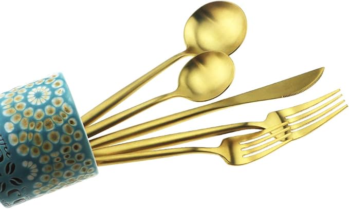 Gugrida 20-Piece 18/10 Stainless Steel Flatware Silverware, Luxury Dinnerware Set Travel Cutlery Tableware Include Knife Fork Spoon Service for 4,Healthy & Eco-Friendly Dishwasher Safe (Gold Matte)