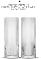 JoyJolt Elle 16oz Fluted Highball Glasses Set of 2, Ribbed Tall Cocktail Tumblers for Gin Juice Water, Vintage Style Drinking Glasses