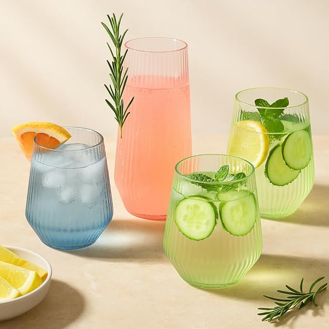 48 Pack Ribbed Origami Ripple Plastic Glasses 24 9oz Stemless Champagne Flutes & 24 12oz Cups BPA-Free, Disposable, Shatterproof Drinkware for Weddings, Bars, Events (Color Collection Ribbed)