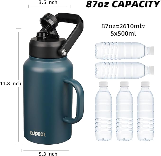 BJPKPK 87oz Insulated Water Bottle with Handle, Large Dishwasher Safe 2/3 Gallon Water Bottle, BPA Free Water Jug, Wide Mouth Metal Water Bottle with Anti-slip Bottom, Keep Cold & Hot,Navy Blue