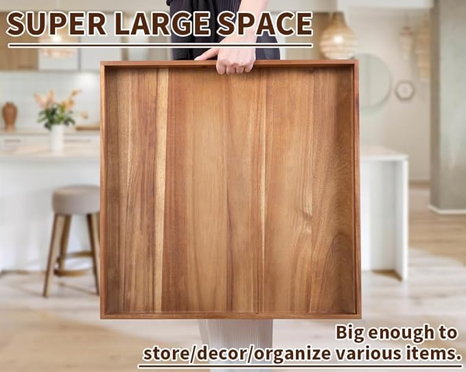 Extra Large Square Wood Tray, Generously 22" Acacia Serving Trays for Large Ottoman Coffee Table, Giant Square Shape Sofa Tray with Handles, Kitchen Organizer Storage Trays Huge Counter Serveware