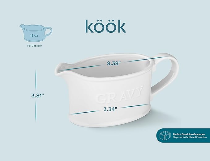Kook Ceramic Gravy Boat, Serving Dispenser, Porcelain Pitcher for Sauces, Dressings and Creamer, Large Handle, Microwave and Dishwasher Safe, 18 oz, White