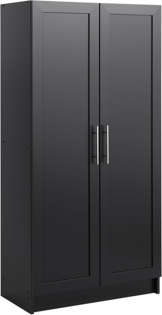 Prepac Elite Accent Cabinet with Panel Doors, Black Storage Cabinet, Bathroom Storage, Pantry Cabinet with 3 Shelves 16.75" D x 32" W x 65" H