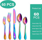 Rainbow Silverware Set for 12, 60-Piece Stainless Steel Flatware Set, Shiny Rainbow Metal Cutlery Set, Include Fork, Knife and Spoon Set, Dishwasher Safe