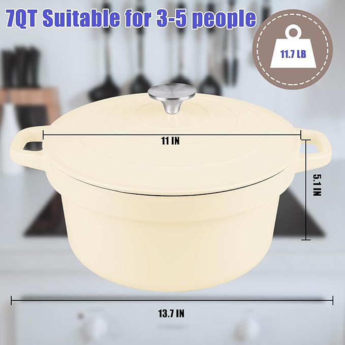 CUKOR 7QT Dutch Oven Pot With Lid, Enameled Cast Iron Dutch Ovens for Sourdough Bread Baking, Non-Stick Ceramic Dutch Oven Cooking Pot, Oven Safe, White (10 Pcs Bread Paper Liners)