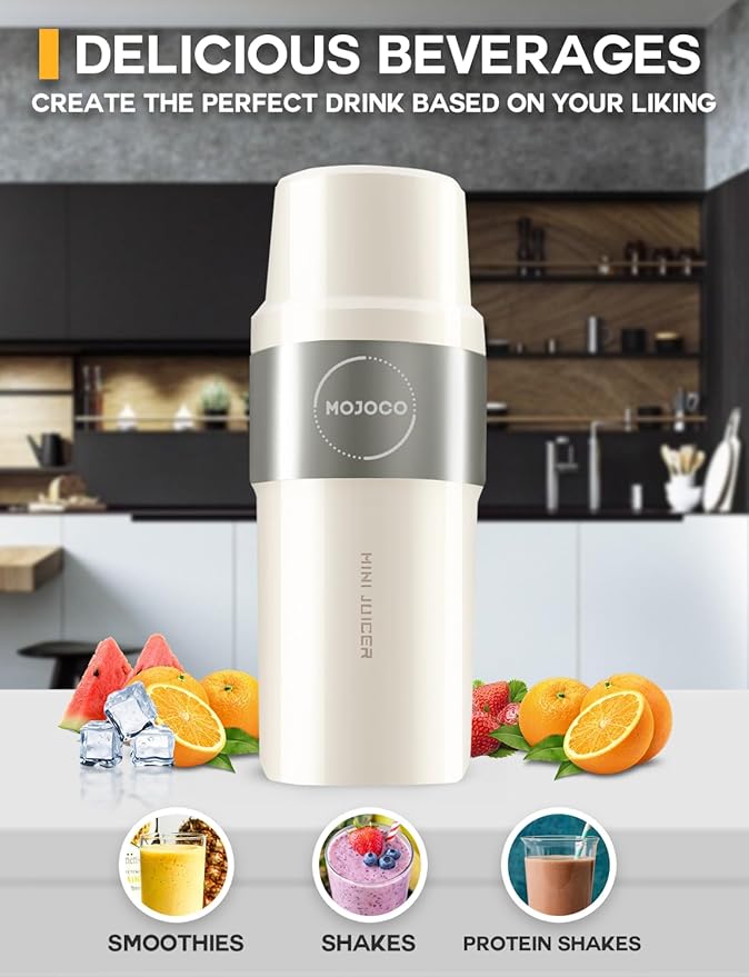 Mojoco Personal Smoothie Blender – Vacuum Insulated Blender for Fruits and Vegetables - Rechargeable Portable Blenders with Stainless Steel Blade for Travel, Camping, Gym