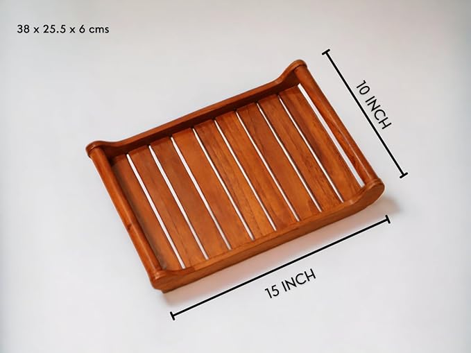 Large Teak Wood Serving Tray for Home, Kitchen, Breakfast, Restaurant, Office Organizer, Dining Table | Premium wooden Trays |15*10*2.25 Inches | Handmade in India
