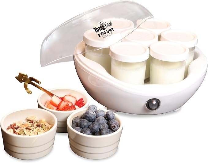 Total Chef Yogurt Maker, 1L (1.1 qt) with 7 Glass Jars and Lids, One Touch Operation, White, Perfect for Natural, Organic, Sweetened or Sugar-Free, Flavored, Plain, or Lactose-Free Homemade Yogurt