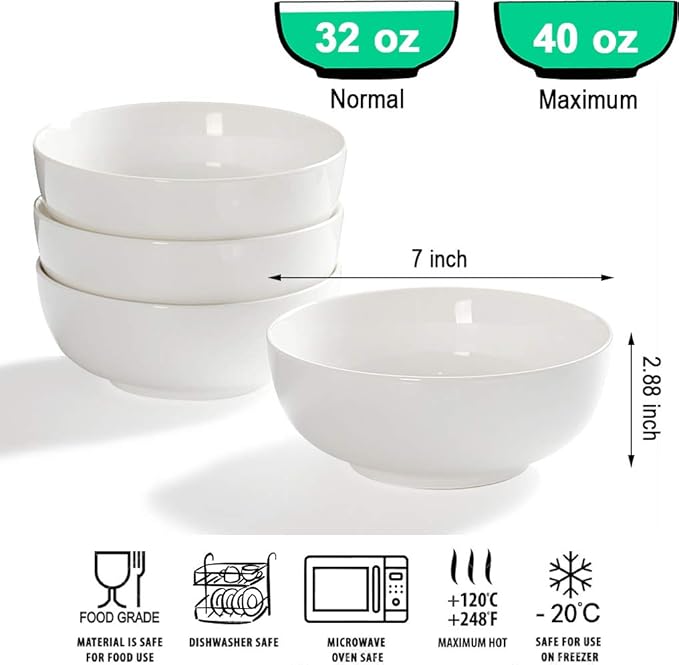 32 Ounce Large Cereal Bowls, Salad Bowls, Pasta Bowls, Soup Bowls, Pho Bowls, Chunni Durable Porcelain White Bowls Set of 4